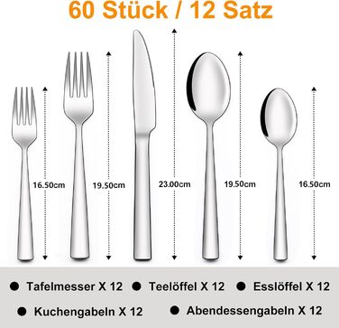 Набір столових приборів 60 шт. для 12 осіб, нержавіюча сталь, високополірована та придатна для миття в посудомийній машині