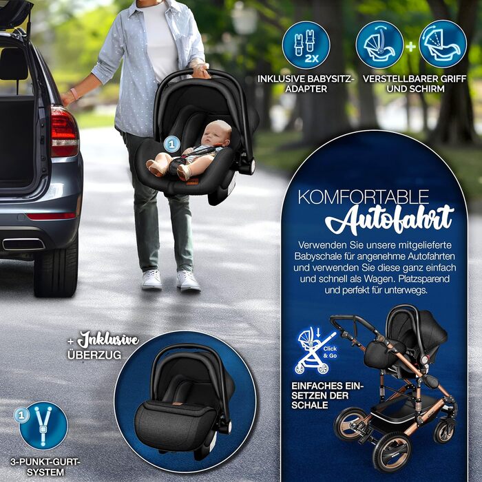 Дитяча коляска KIDUKU® 3 в 1 XXL Комплект | Комбінована коляска з люлькою, прогулянковим блоком та автокріслом | З підножкою, рюкзаком, грічкою, дощовиком та столиком | Надувні колеса, чорний / мідно-золотий, ECE R129
