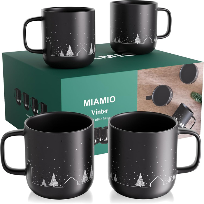 Набір чашок Miamio на Новий Рік, 4 шт, 500 мл (чорні) / Кавові чашки для святкування, мінімалістичний зимовий дизайн, подарунок на Новий Рік, безпечні для миття в посудомийній машині та використання в мікрохвильовій печі – Зимова колекція