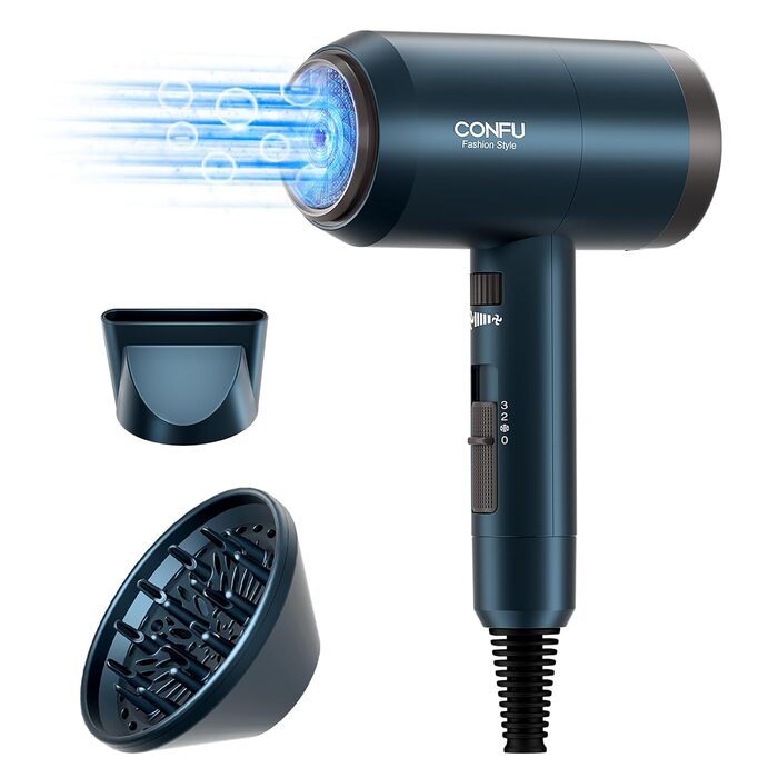 Фен для волосся CONFU, фен Ion Hair Dryer 1800 Вт з насадками для укладання та дифузором, 3 температурні режими, потужний салонний фен для швидкого сушіння (синій)