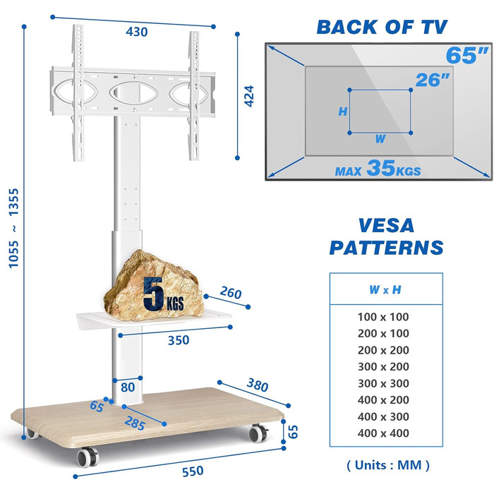 Візок для телевізора RFIVER 26-65 дюймів, регульований по висоті, поворотний, дерево, білий, макс. 35 кг, VESA 400x400