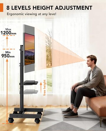 Підставка для телевізора Hemudu з колесами 23-60 дюймів, VESA 400x400 мм, до 35 кг, регульована висота