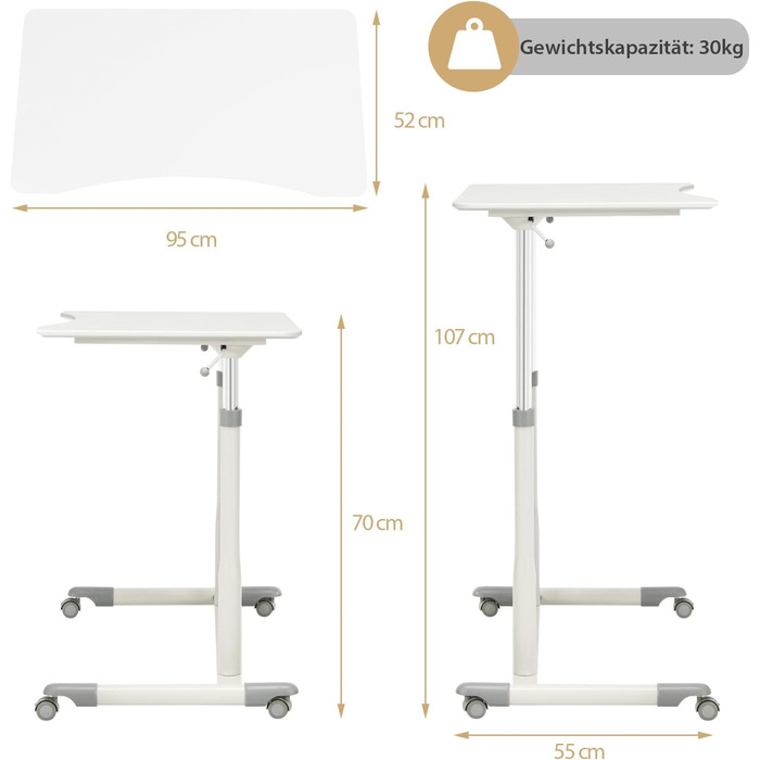 Комп'ютерний стіл COSTWAY регулюється по висоті від 70-107 см, стіл мобільний з коліщатками, стіл для ноутбука з 2 гальмами, стіл для ноутбука (білий)
