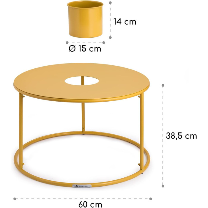 Журнальний столик Blumfeldt з квітковим горщиком, маленький металевий журнальний столик круглий, міні-журнальний столик для вітальні, сучасний диванний столик, маленький журнальний столик, журнальний столик зі знімним горщиком для рослин (жовтий, 63,5 x 2