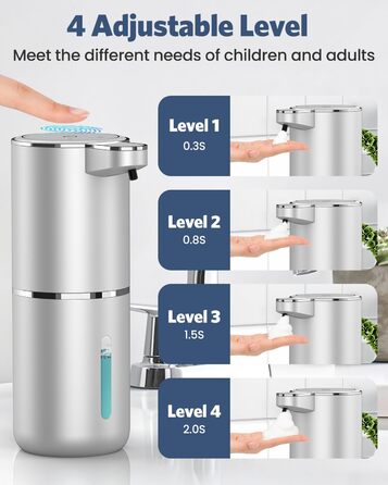Автоматичний дозатор мила, 380 мл, електричний, з датчиком, USB, водонепроникний IPX5, для кухні, ванної кімнати, школи, готелю (сріблястий, піна)