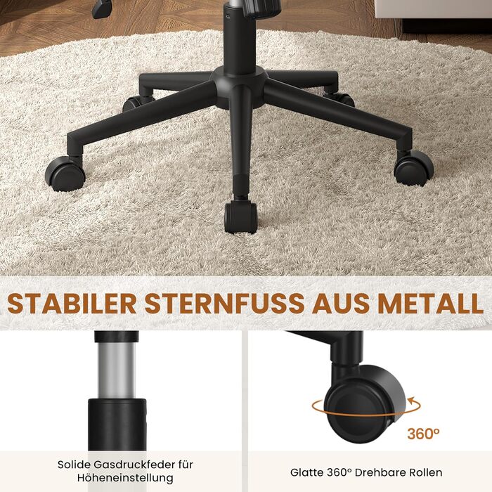 Крісло офісне Yaheetech з колесами, регульоване по висоті, з широким сидінням та середньою спинкою, для офісу та спальні, бежеве