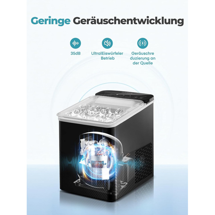 Льодогенератор Fohere портативний самоочисний, 14 кг/24 год, 2 розміри льоду, компактний, чорний - для дому, бару, офісу, кемпінгу