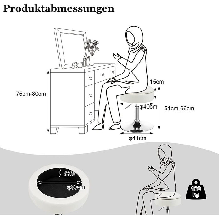 Поворотний стілець COSTWAY з регульованою висотою 51-66 см, стілець для сидіння зі штучної шкіри з місцем для зберігання, стілець для макіяжу з можливістю повороту на 360 (білий)