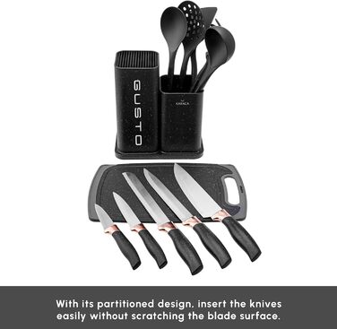 Набір ножів Karaca Gusto 12 предметів з обробною дошкою та кухонними аксесуарами, з нержавіючої сталі, ергономічні ручки, чорний колір