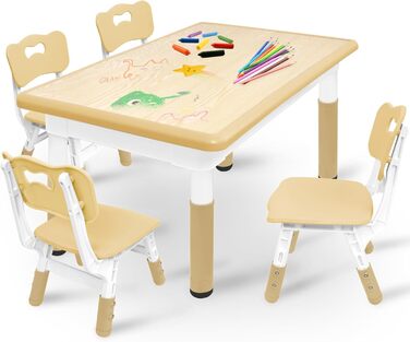 Дитячий стіл зі стільцями, дитяча група для сидіння, регульована по висоті з HDPE та ABS, багатофункціональний дитячий стіл для дітей 2-10 років, ергономічний стіл-стілець для дитячої кімнати (120*60 см, колір дерева)