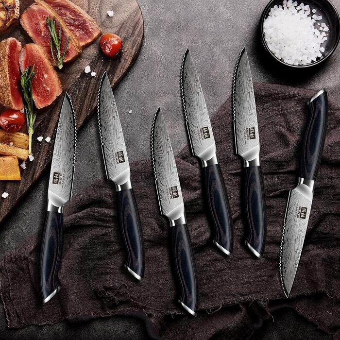 Японський ніж для кухні SHAN ZU з порошкової сталі, професійний ніж шеф-кухаря з високим вмістом вуглецю, з ергономічною ручкою з паккавуда (набір з 6 ножів для стейку, 11.5 см)
