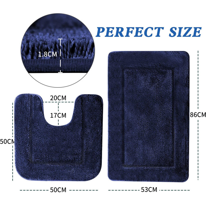 Килимок для ванної SOANNY, набір з 2 предметів, м'який нековзний килимок для ванної з мікрофібри високої щільності, килимок для ванної 53x86 см і килимок для унітазу 50x50 см, килимок для душа (50 X 50 і 53 X 86 см, синій)