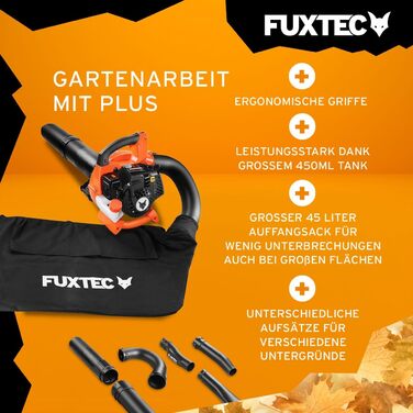 ФУКСТЕК Бензиновий Листозбір 4в1 FX-LBS126, 2-тактний Листоподіймач та Подрібнювач, 2 Труби та 45л Збірник – Перевірена Верхня Лінія, Швидкість Повітря 71 м/с