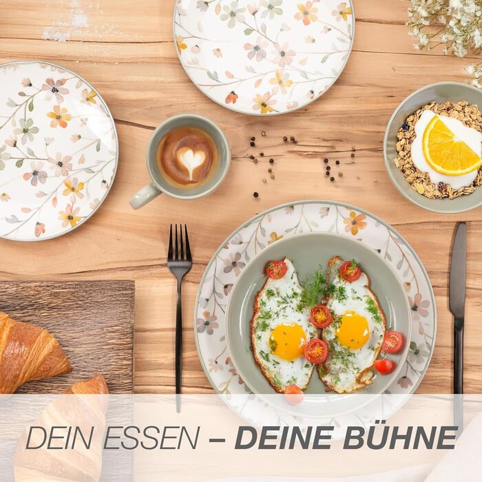 Набір посуду Moritz & Moritz PRIMAVERA з кераміки на 6 осіб (24 шт.) - сучасний сервіз з ігровим дизайном, легкий у догляді, включає тарілки, чашки та миски