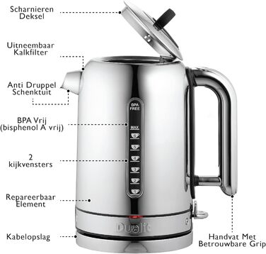 Чайник Dualit Classic Дизайн чайника з нержавіючої сталі Високий глянець із чорним обідком Дизайн швидкого нагріву Чайник безшумний 1,7 л, 3 кВт Чайник з фільтром для води Корпус з нержавіючої сталі Вилка ЄС