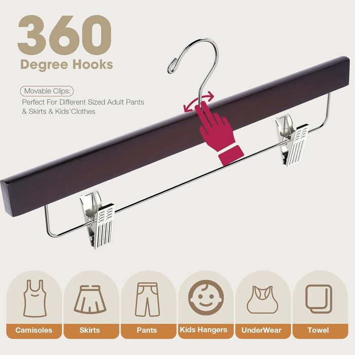 Дерев'яні вішалки для штанів Ulimart: 12 шт., масивне дерево, з кліпсами, регульовані, для джинсів, шортів, штанів (натуральне дерево, коричневий)