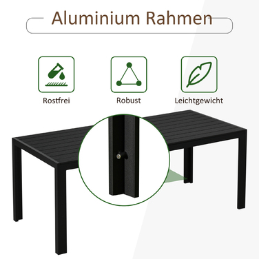 Outsunny Garden Table Алюмінієвий стіл 120x70 см для саду, патіо, дерево-пластик, полідерево, чорний, стійкий до погодних умов, і сучасний.