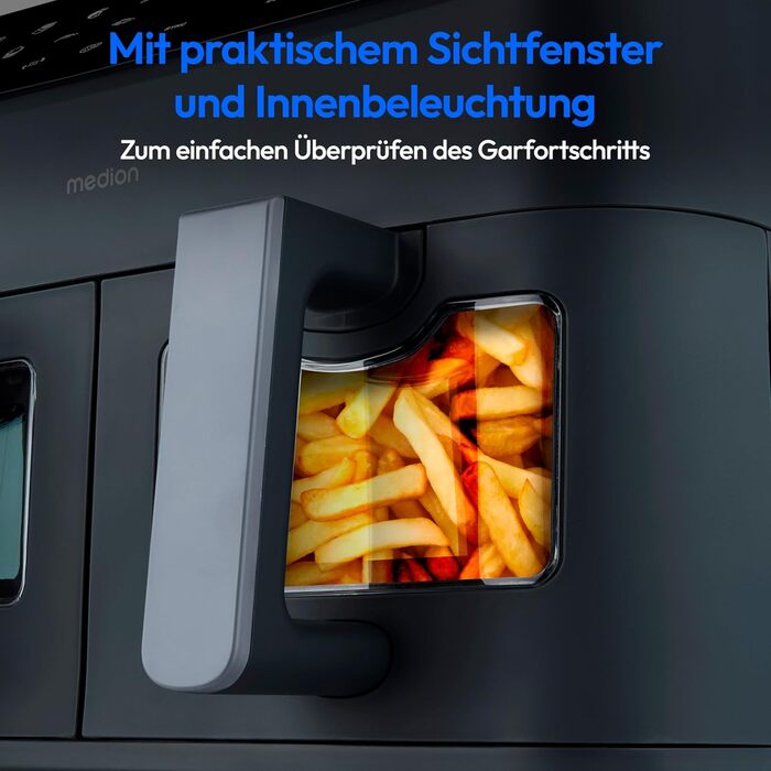 MEDION P20 XXL Фритюрниця з гарячим повітрям з 2 камерами (8,7 л, Airfryer, 2600 Вт, подвійна камера, 10 автоматичних програм, 2 висувні ящики, віконце, Dual Airfryer, ILAG PFAS-free, MD11760) матово-білий, матово-сірий