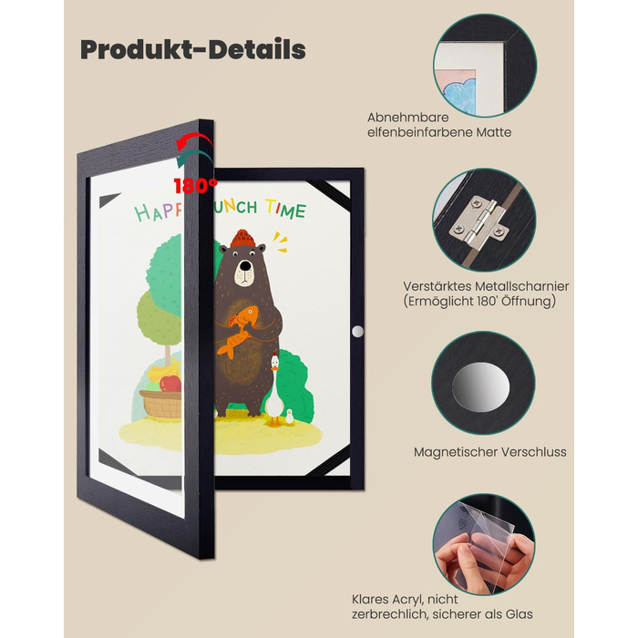 Рамки для фотографій A4, 2 шт. - Чорні, для дитячих малюнків, школи, дому, офісу