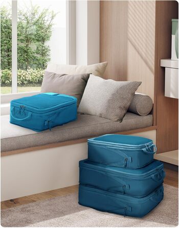 Набір компресійних органайзерів для валізи та рюкзака ECOHUB, 4 шт, з мітками та сітчастим підсиленням, екологічні дорожні сумки для одягу (Синій)