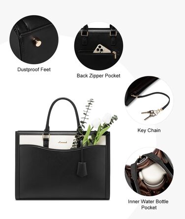 LOVEVOOK Сумка для ноутбука 15.6 дюймів, жіноча, велика, з натуральної шкіри, сумка-шоппер, сумка-тоут, для роботи, навчання, універсальна, чорно-бежева