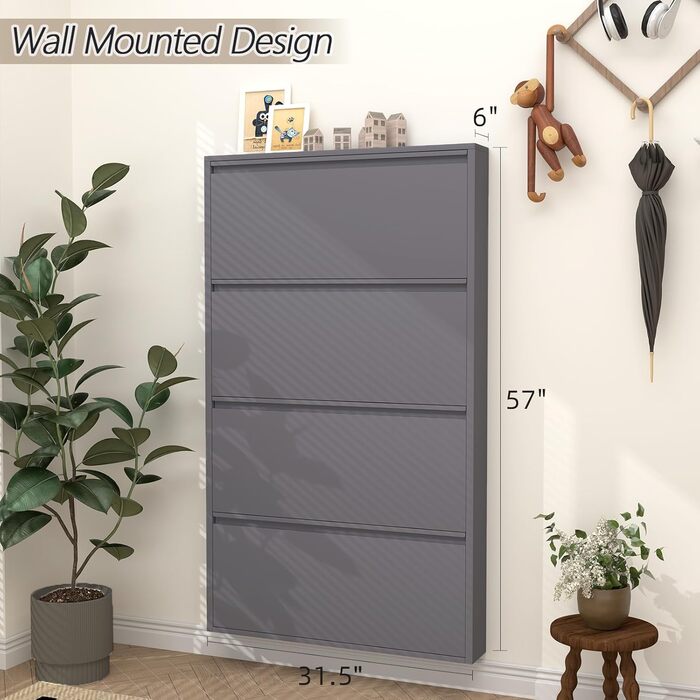 Чорний настінний органайзер для взуття GREATMEET з 4 висувними ящиками, вузький, для передпокою