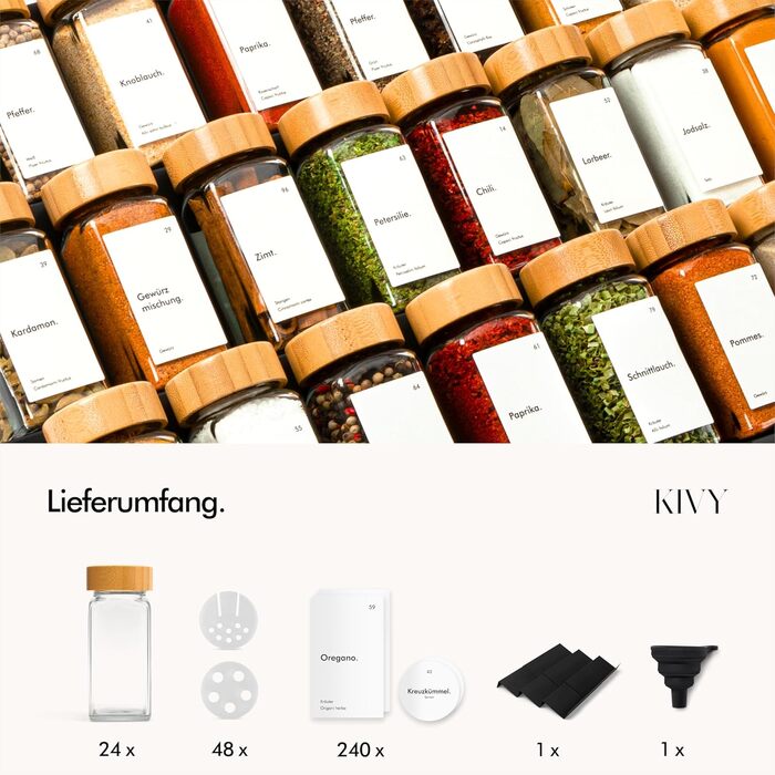 Організатор для спецій KIVY з полицями та скляними баночками | 24 баночки з етикетками, регульований, підходить для всіх ящиків | Організатор спецій для ящика з баночками | Чорний ковпачок (баночки + полиця) (бамбуковий ковпачок (баночки + полиця))