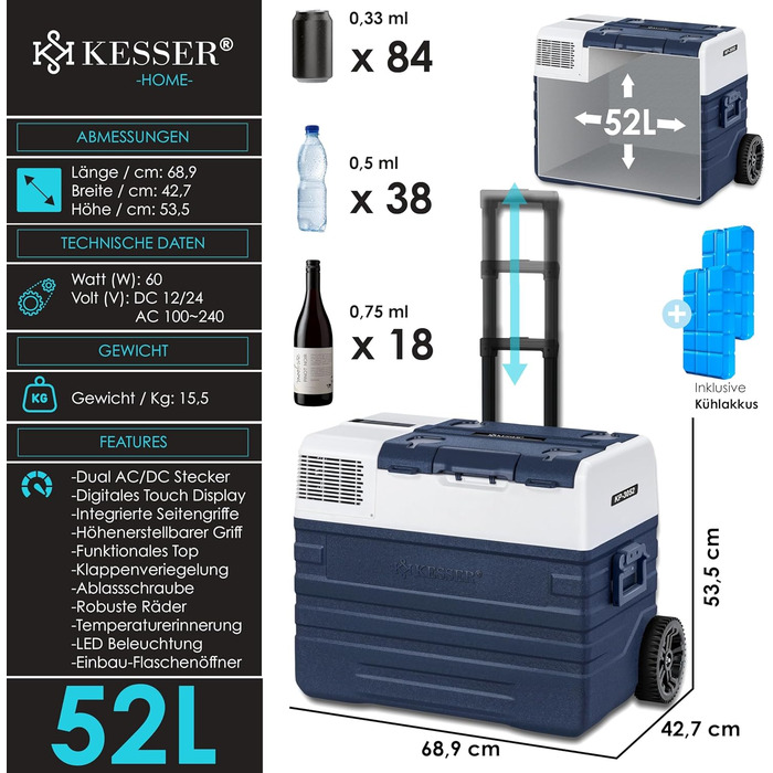 Автомобільний компресорний холодильник KESSER® 42л з Wi-Fi, 12/24/230V, до -20°C, з колесами та телескопічною ручкою для кемпінгу, фургону, вантажівки, човна + 2 акумулятори холоду (синій)