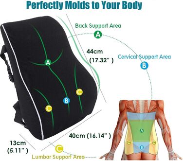 Подушка для спини Qutool з Memory Foam, поперекова подушка для офісного та геймінгового крісла, підтримка попереку, регульовані ремені, сітчаста обкладка (чорний)