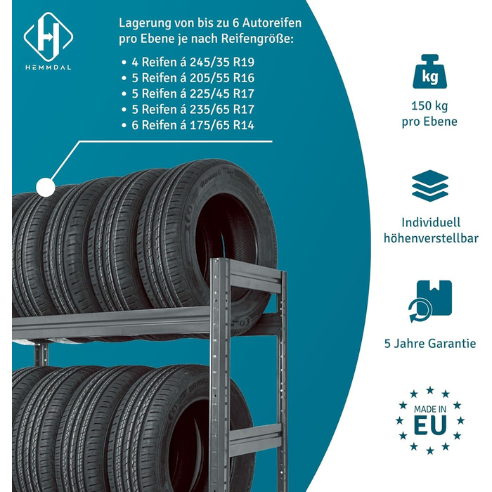 Стеляжка для шин на 450 кг - 177 x 120 x 50 см - міцна полиця для зберігання до 18 шин - сірий графіт - виробництво ЄС - для гаража, підвалу, складу та майстерні