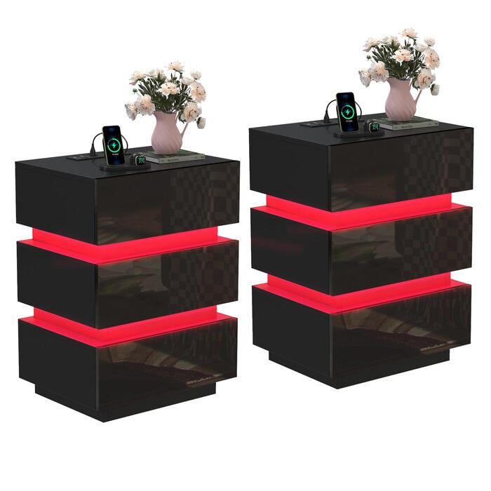 Нічний столик з розеткою та LED, нічний комод з функцією зарядки та USB, 2 шт. (45x35x46/62 см, чорний)