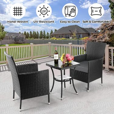 Набір меблів для балкона LIFERUN 3 шт. з ротангу, подушками та склом, чорний