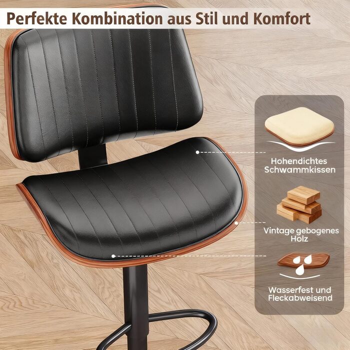 Набір з 2 барних стільців GIKPAL з дерев'яною спинкою та шкіряним сидінням, обертаються, чорний