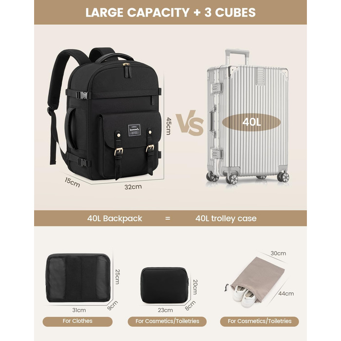 LOVEVOOK Рюкзак для ручної поклажі, жіночий рюкзак для подорожей, водонепроникний рюкзак для ноутбука 17 дюймів, шкільний рюкзак для жінок/студенток, чорний/коричневий (45x32x15 см)