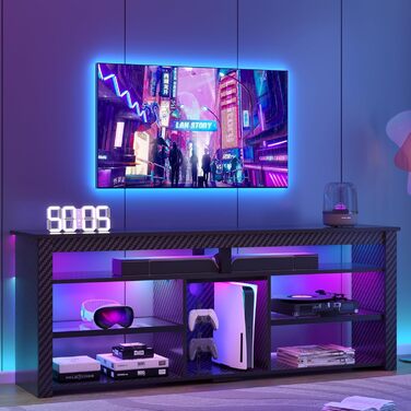 Тумба під телевізор Bestier 70 дюймів з підсвіткою LED, для PS5, чорна карбонова - 160x33.8x66.8 см