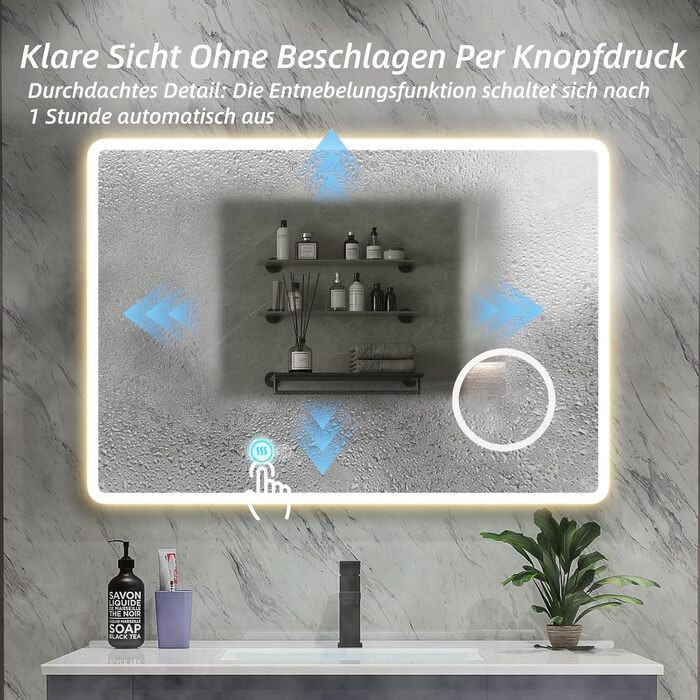 Дзеркало для ванної кімнати HySail з підсвічуванням, 5 мм, високоякісний срібний дзеркало, 3 колірні температури та регульована яскравість, настінне дзеркало з сенсорним перемикачем та антизапарюючим покриттям, прямокутне, 100 x 60 см