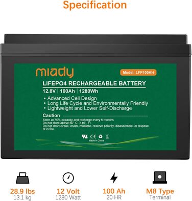 Акумулятор Miady 12V 100Ah LiFePO4 із захистом BMS, 3000 циклів, не потребує обслуговування для сонячної системи, автофургону, човна