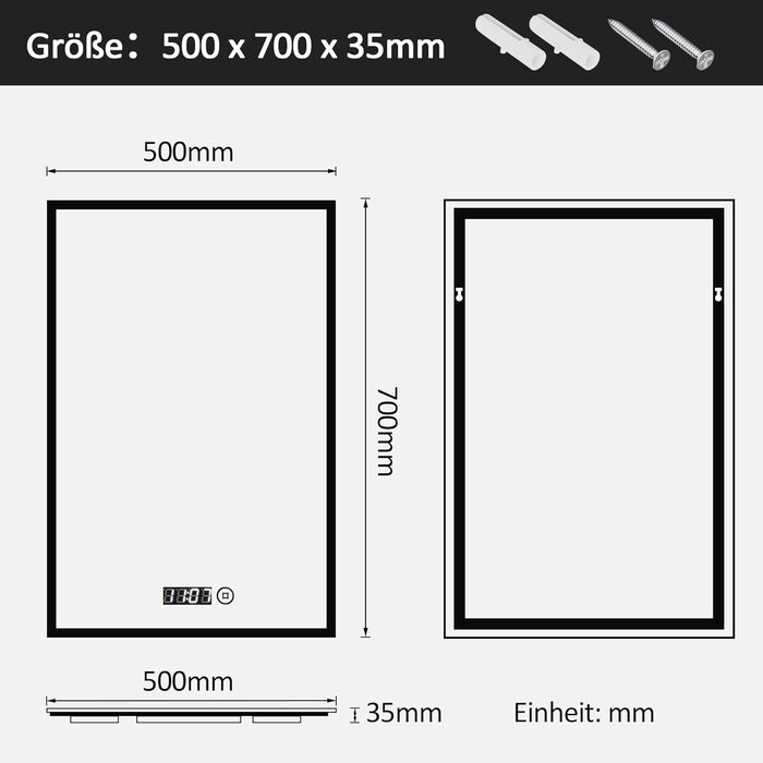 Дзеркало для ванної кімнати з підсвічуванням та годинником 50x70 см. LED дзеркало з сенсорним керуванням, 3 кольори світла, регулювання яскравості, 2470LM, стиль JB