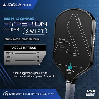 Лопатка для піклболу Joola Бен Джона Hyperion CFS 16 мм Swift-схвалена USAPA для турнірних ігор-Ракетка для піклболу з вуглецевого волокна-максимальна швидкість з високою зернистістю і обертанням