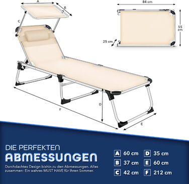 Сонячне ліжко Tillvex® з дахом та подушкою для голови | Садова лежанка, розкладний лежак | Пляжний лежак з регульованою спинкою | Алюмінієве ліжко (Basic, Бежевий)