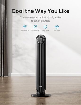 Dreo Smart Tower Fan - Безшумний вентилятор з керуванням через додаток та голосовим управлінням, 90° обертання, 4 режими, 4 швидкості, таймер 8 годин, Nomad One S, чорний