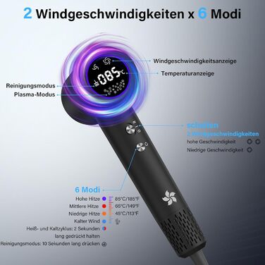 Професійний фен для волосся з дифузором, безщітковий двигун 110 000 об/хв, 400 млн плазмових іонів, низький рівень шуму 57дБ, чорний