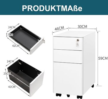 Металевий ролштатний шафа LVSTEEL з 3 висувними ящиками, замок, 4 ключі, білий (59.3 x 30 x 17.8 см)