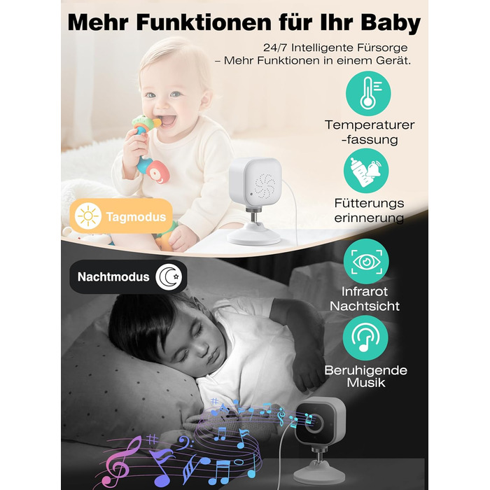 Відеоняня з камерою 1080P без Wi-Fi: монітор, тримач, кліпса для ліжечка, двосторонній звук, датчик температури, виявлення плачу, нічне бачення, 8 колискових, запис фото/відео, SD-карта в комплекті (біла)