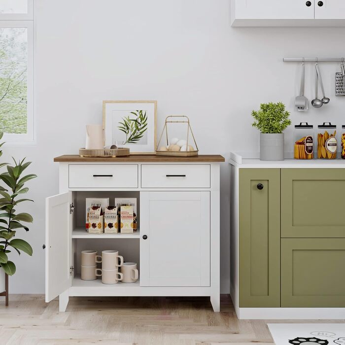 Кухонна шафа HOCSOK з робочою поверхнею, комод з 2 шухлядами та 2 дверцятами, буфет для кухні, вітальні, їдальні, передпокою, дерево, стиль кантрі, білий