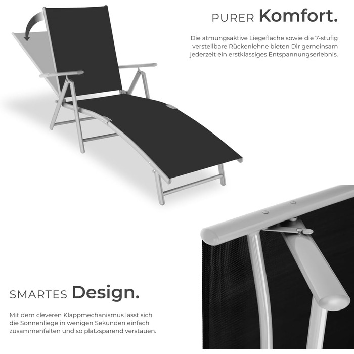 Шезлонг Tectake алюмінієвий, складний, з підлокітниками, регульована спинка, для балкона, саду, тераси, кемпінгу - сріблясто-сірий