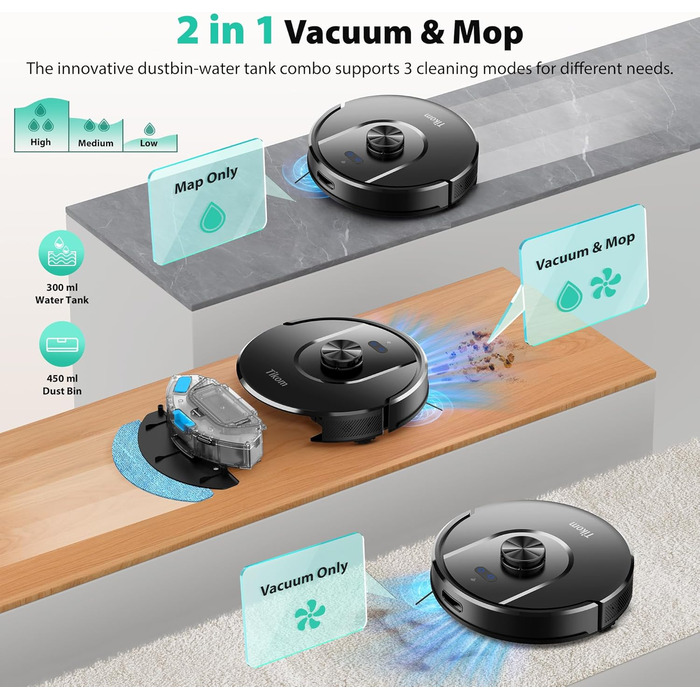 Робот-пилосос Tikom L8000 Plus з функцією миття, 6000Pa, LiDAR, Wi-Fi, для тварин та килимів