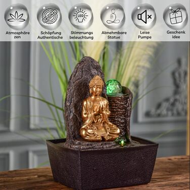 Джерело води Zen'Light від Zimmerbrunnen: Будда, LED-підсвітка, для медитації та релаксації. Декор у стилі фен-шуй, висота 26 см, горіх (Haka)