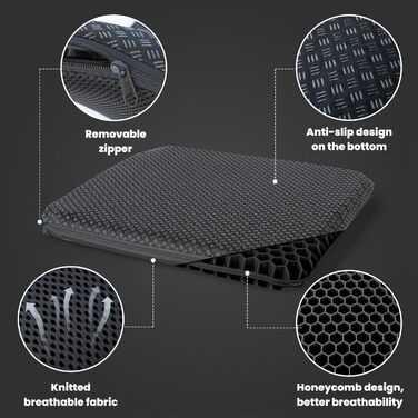 Ортопедична гелева подушка на сидіння для офісного крісла, авто та візків — м'яка подушка з антиковзаючим знімним чохлом, чорна (43x39x4 см)