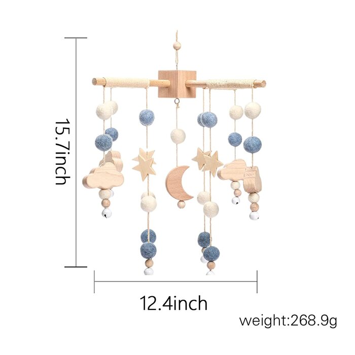 Мобільний дзвіночок для малюків з повстяними кульками місяць мобільний дитячий дерев'яний мобільний дзвіночок для маленьких дівчаток підвісний над дитячим ліжечком Мобільний для дитячого ліжечка (ясен) (синій)